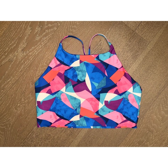 Old Navy Other - Old Navy Active PowerSoft High Neck Sports Bra XXL Blue Pink Geometric Abstract